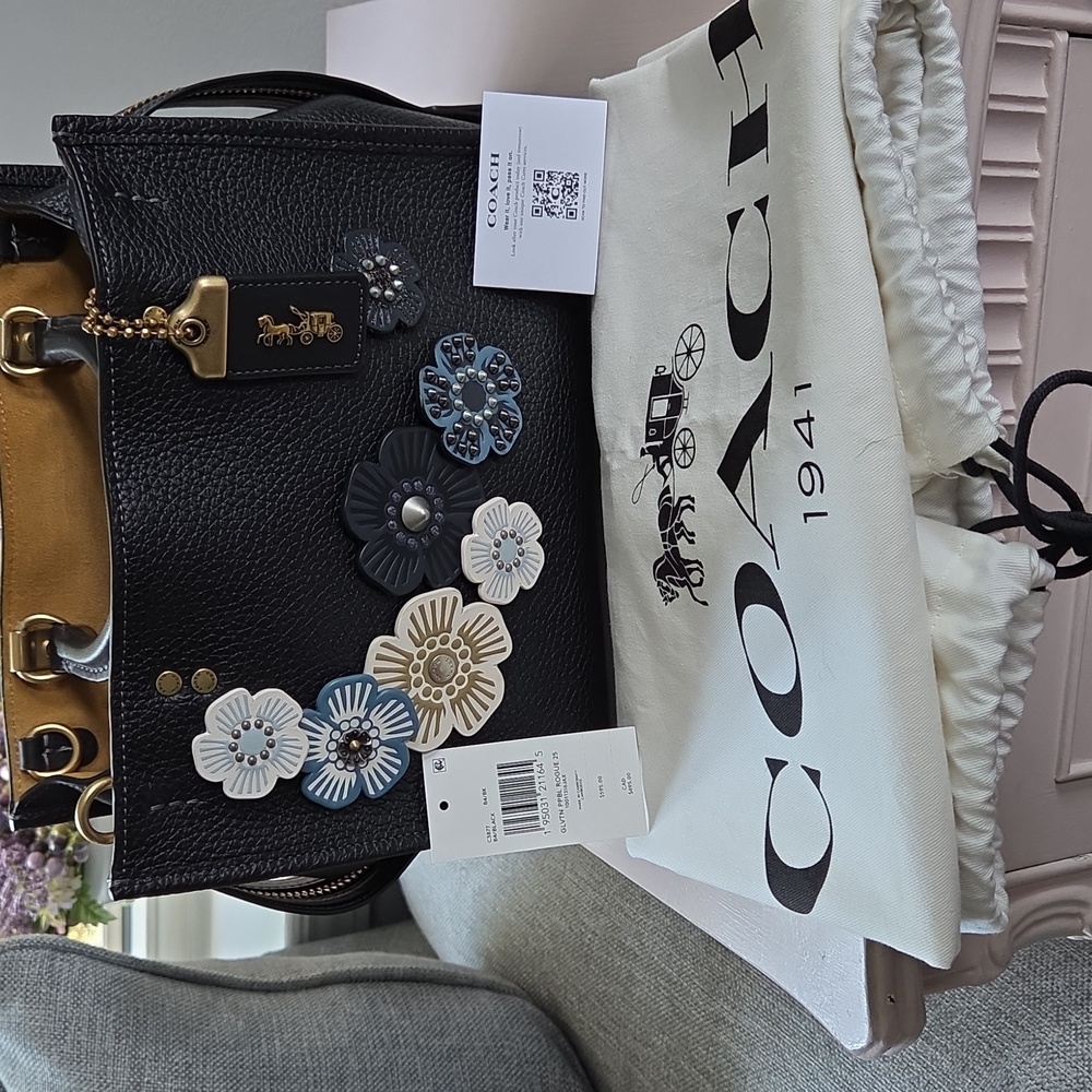 COACH Rogue 25 Black Tea Rose Leather Crossbody Bag - Picture 2 of 16